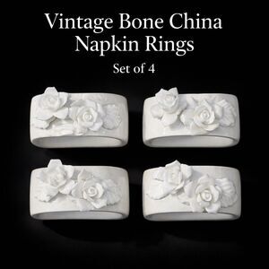 Vintage White Bone China NAPKIN RINGS With Delicate Rose Design, Set of 4